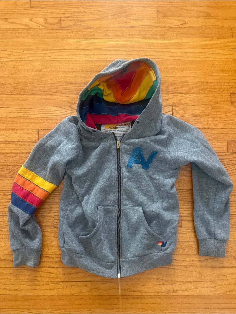 Aviator Nation VINTAGE Gray Kids Zip Hoodie with Rainbow Lined Hood
